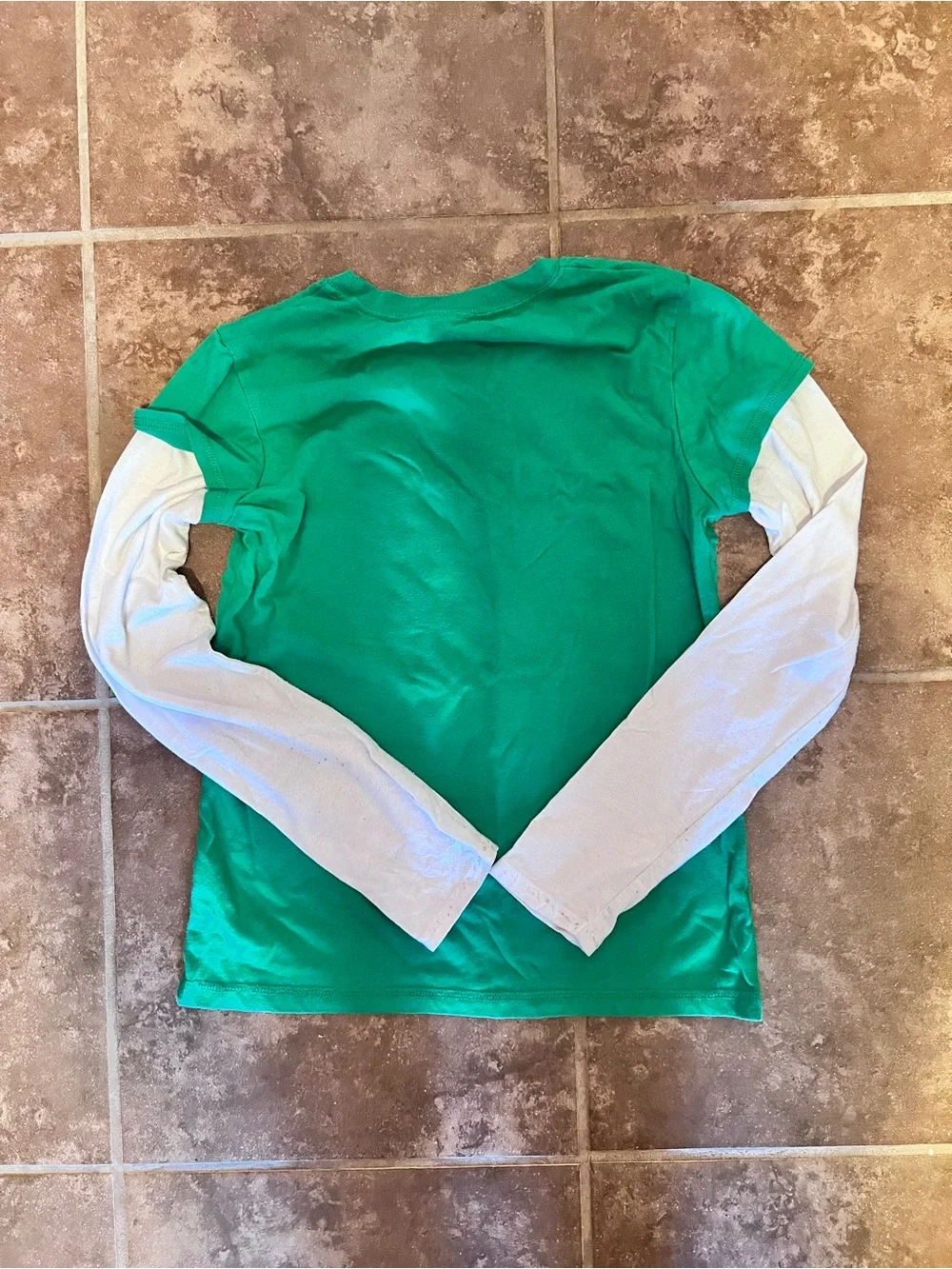 Layered Shirt - Green Short Sleeve with Holiday Graphic, White Long Sleeve Top